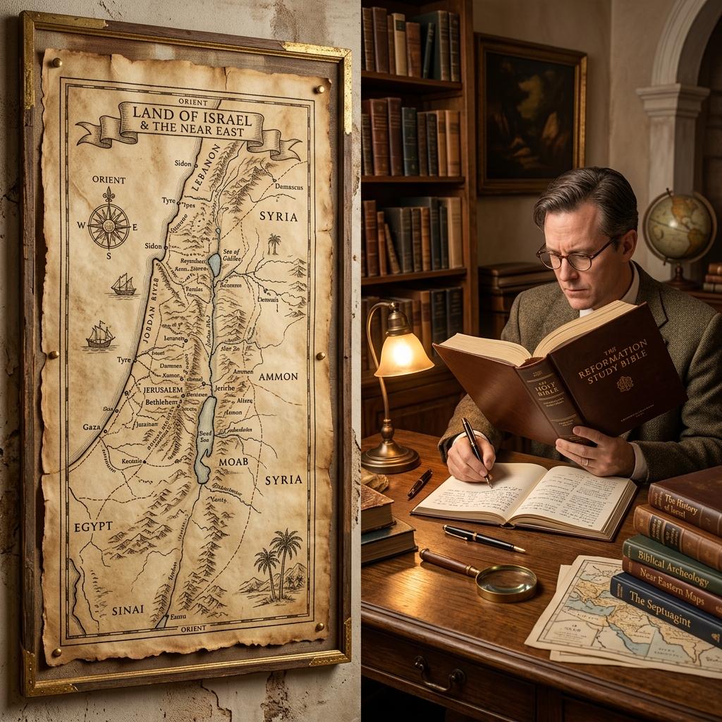 Ancient parchment map of Israel and the surrounding Near East on the left, and a person studying at a desk on the right