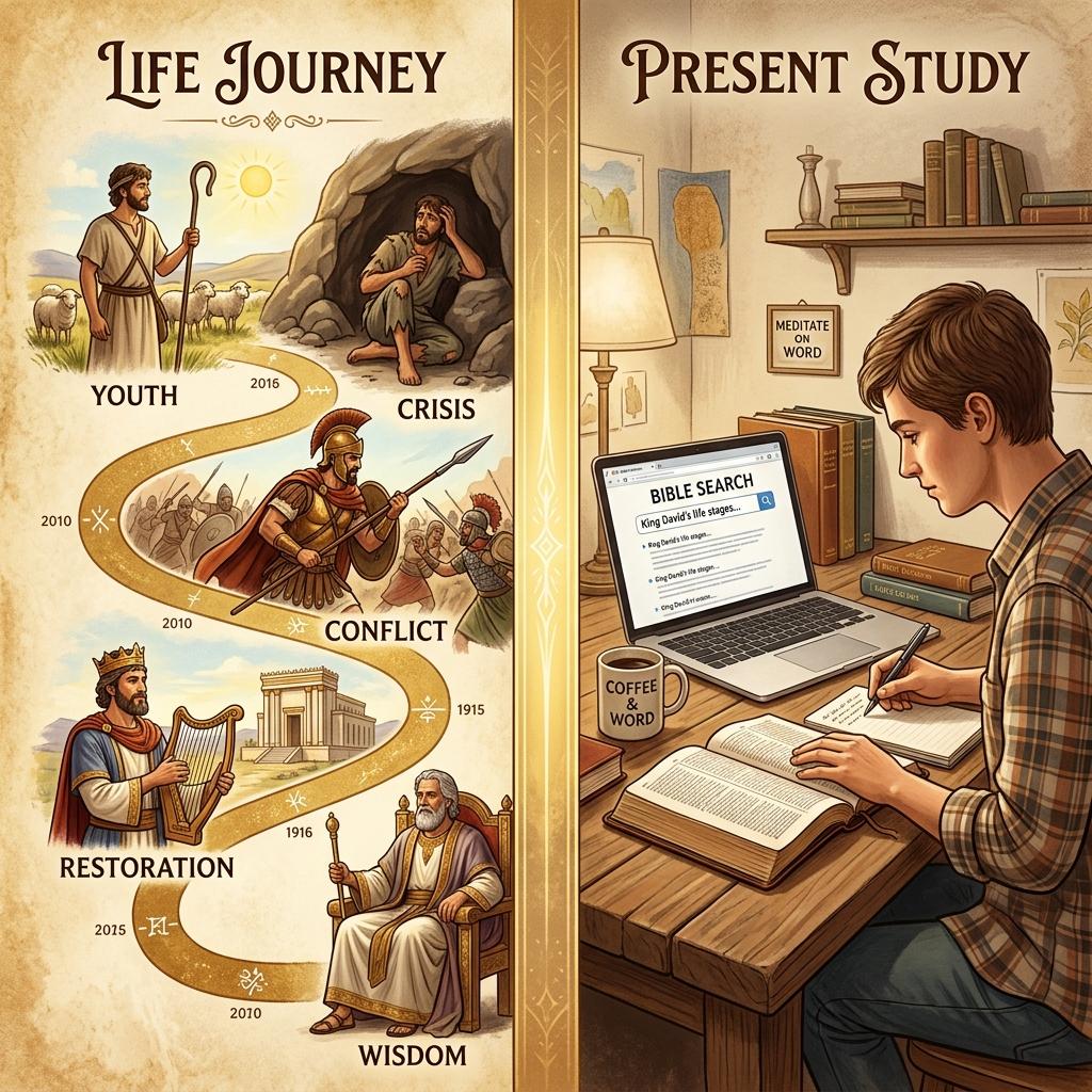 Divided composition showing a biblical figure at different life stages on the left, and a person studying at a desk on the right