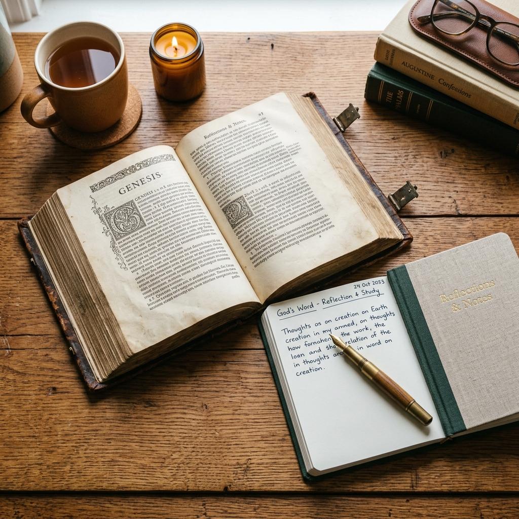 An open Bible with a study notebook, pen, cup, and candle on a wooden table