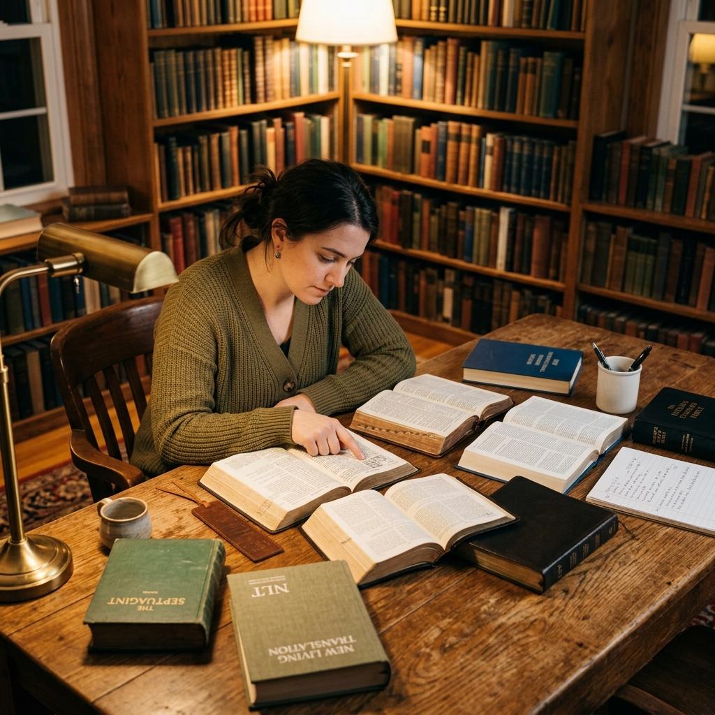 Multiple different Bible translations spread on a table with a person pointing to one in consideration