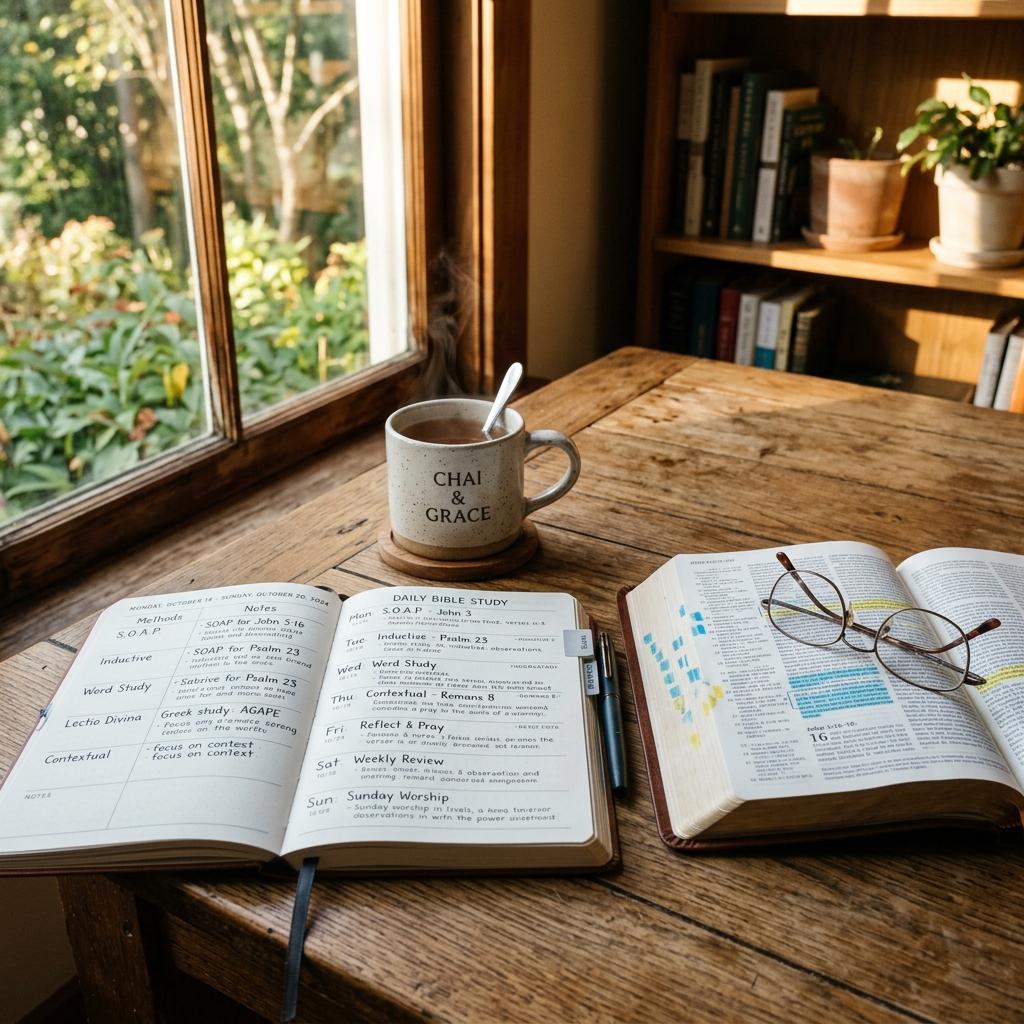 Warm and inviting workspace featuring a customized weekly planner calendar showing daily Bible study methods next to an open Bible