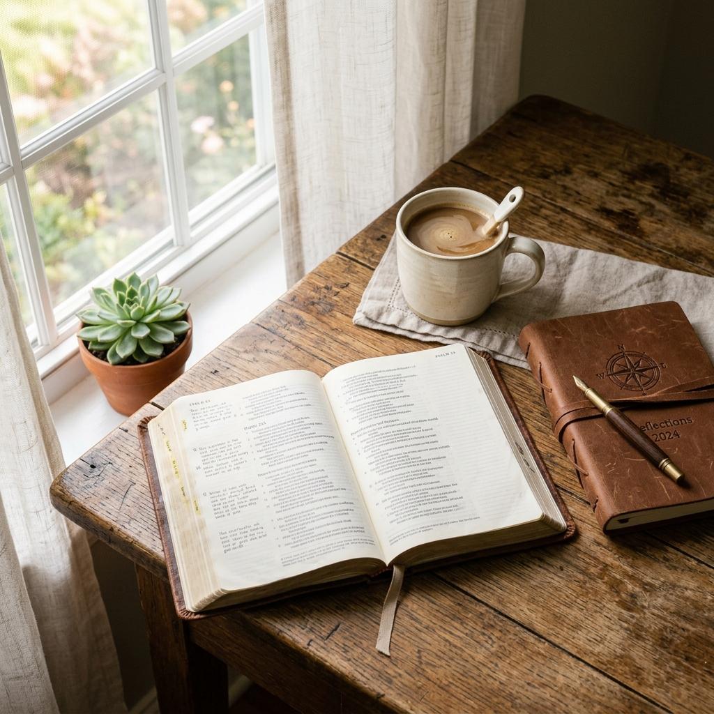An open Bible with a leather-bound journal, pen, and coffee cup on a desk in warm morning light