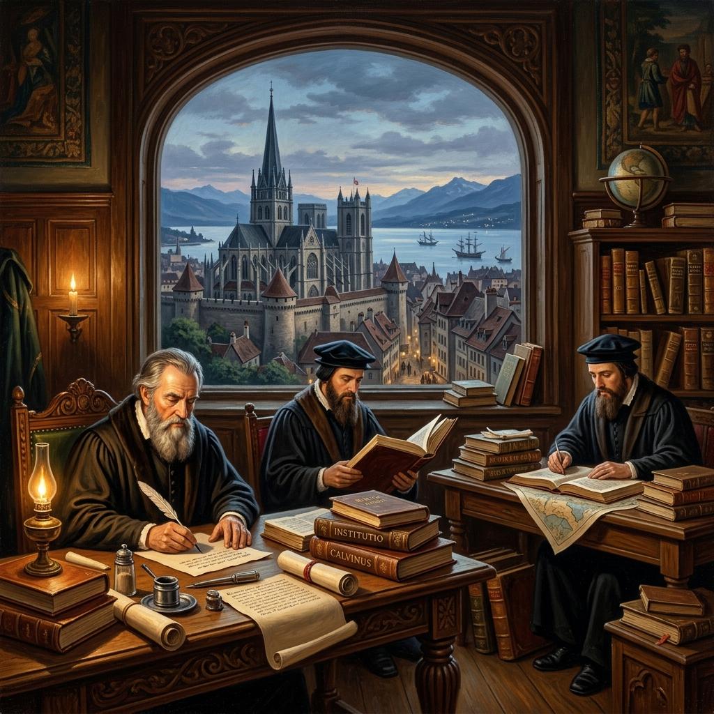 Historical oil painting of Protestant scholars working at writing desks in 16th-century Geneva