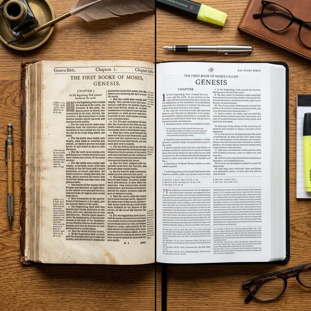 An open ancient Geneva Bible showing dense margin notes side-by-side with a modern ESV Study Bible on a wooden desk