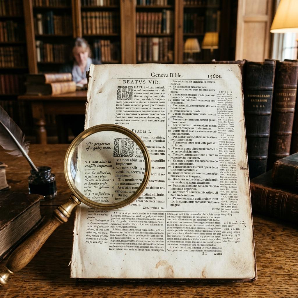 An ancient Geneva Bible page with dense scholarly footnotes and annotations next to a magnifying glass