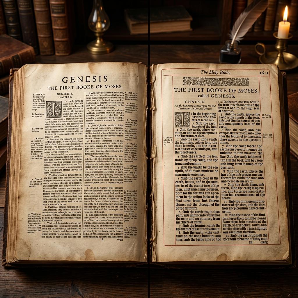 Geneva Bible and King James Version compared side by side on a study desk