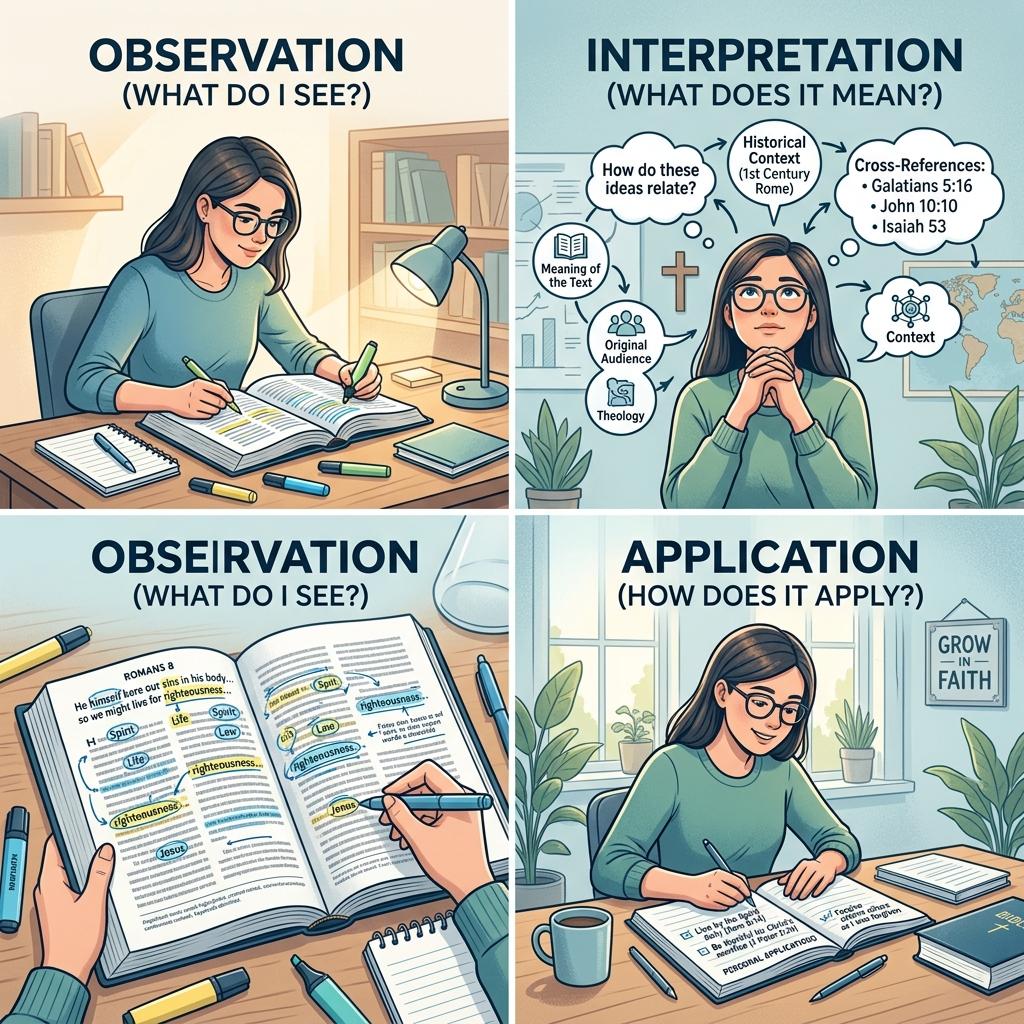 Study table with an open Bible and tools for inductive observation and textual analysis.