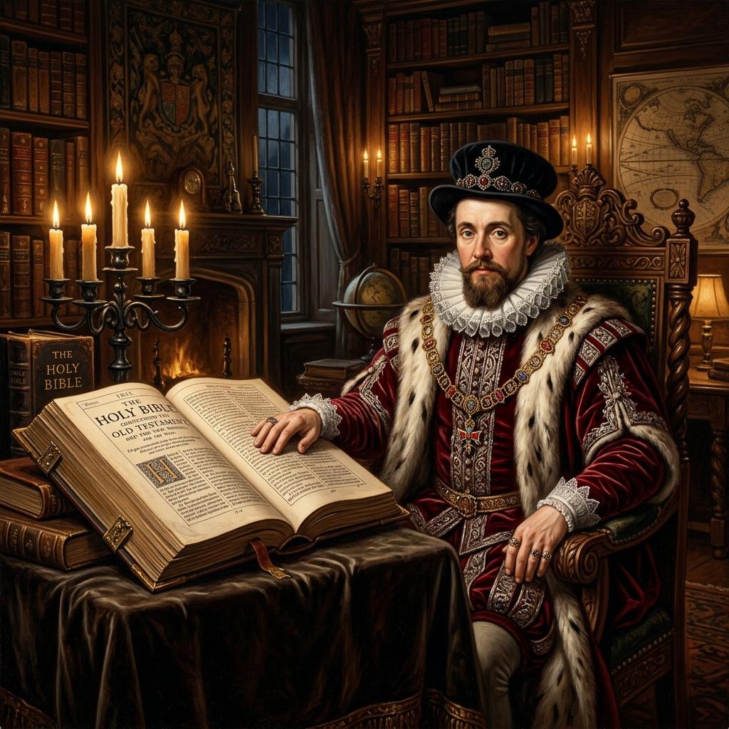 Artistic portrait of King James I of England in royal library next to a 1611 Bible