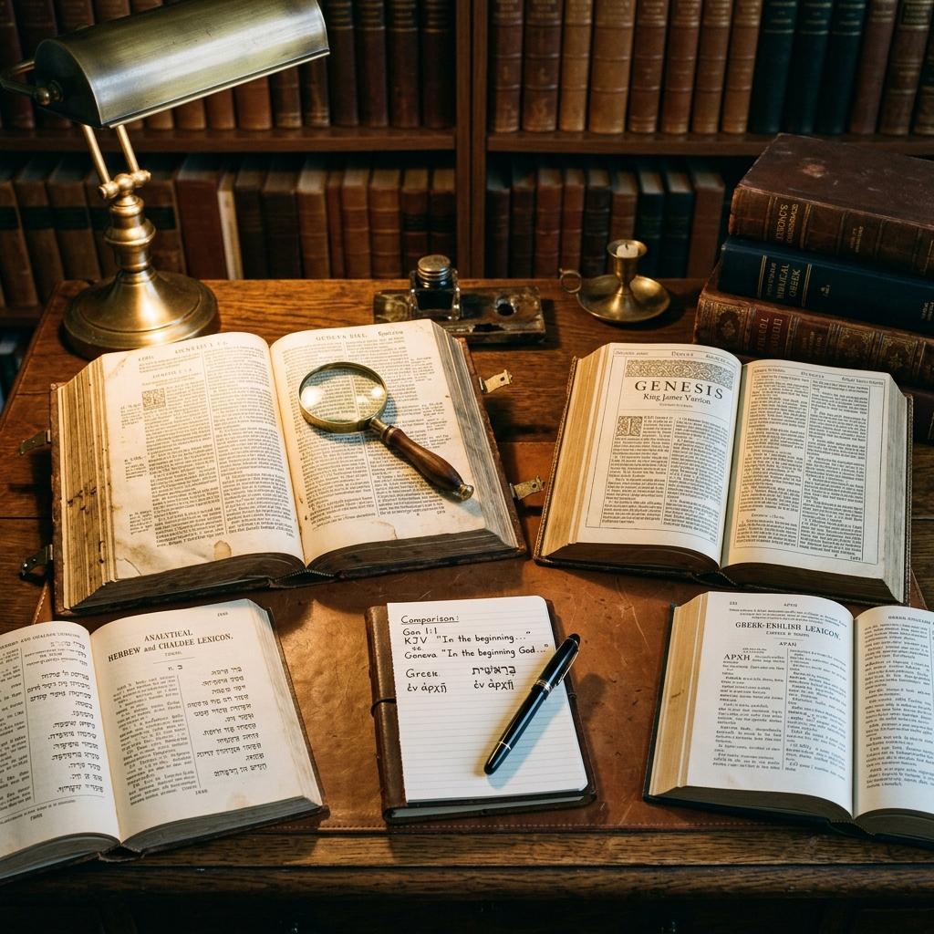 An open ancient Geneva Bible and KJV Bible side-by-side with lexicons, study notes, a magnifying glass, and a classic desk lamp