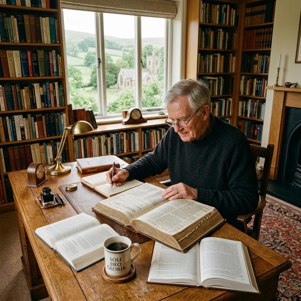Pastor sitting at a desk studying an open ancient Geneva Bible showing margin annotations