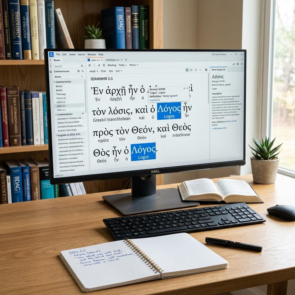 A computer screen showing a Bible study interlinear interface with Greek text highlighted, alongside a notebook and fountain pen
