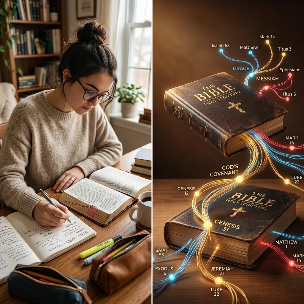 An open Bible with scholarly resources representing advanced topical Bible study and thematic tracing.